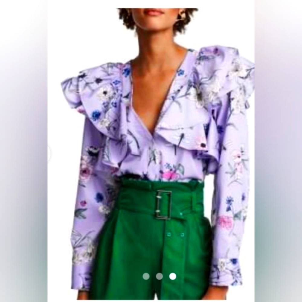 H&M Purple Lilac Pink Floral Bird Botanical Ruffle Balloon Sleeve Top SIZE 14 XL - Picture 1 of 13